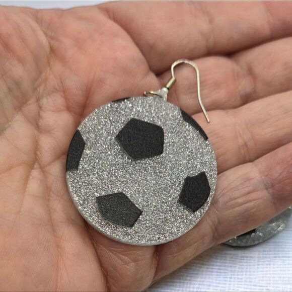 Soccer Ball Earrings Large Glitter Acrylic Dangle Pierced Sport Fan Jewelry - Picture 2 of 6